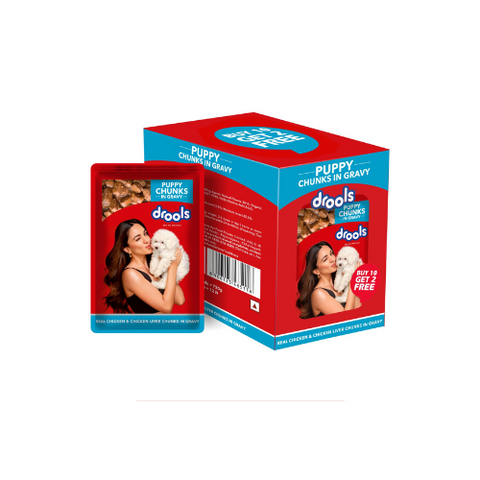 Drools Puppy Wet Dog Food, Real Chicken and Chicken Liver Chunks in Gravy,10 Pouches + 2 Pouches Free (12 x 60g)