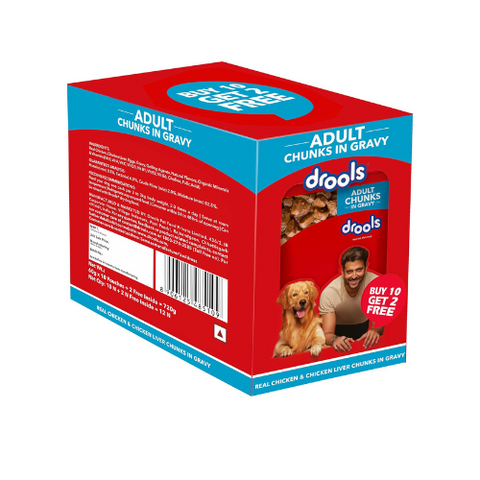 Drools Adult Wet Dog Food, Real Chicken and Chicken Liver Chunks in Gravy,10 Pouches + 2 Pouches Free (12 x 60g)