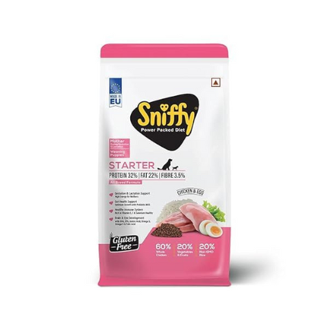 Sniffy Starter Dry Dog Food - 800 gm for Pregnant Mother & Weaning Puppy | Real Chicken & Egg, Power Packed High Protein Diet for All Breeds | Gluten Free Food for Dogs