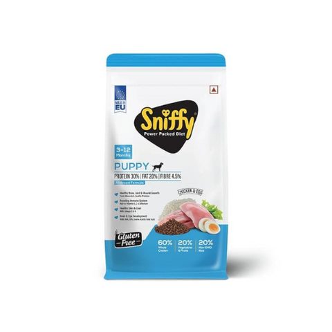Sniffy Puppy Dry Dog Food - 3kg | Real Chicken & Egg, Power Packed High Protein Diet for All Breeds | Gluten Free Food for Dogs