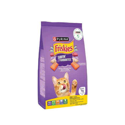 PURINA FRISKIES Surfin' Favourites Cat Food, Mackerel Tuna Salmon & Sardine Flavours, 1kg, Packet, Adult, Kibble