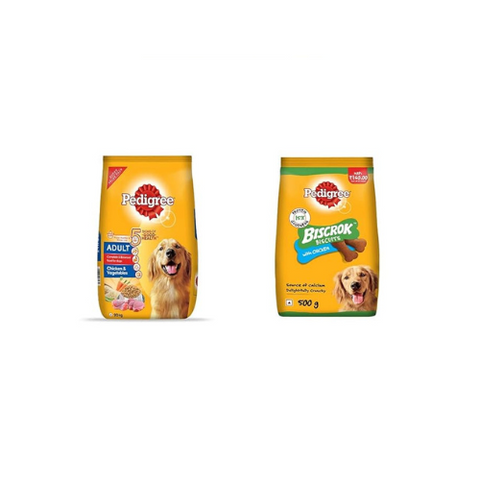 Pedigree Adult Dry Dog Food, Chicken & Vegetables, 20kg Pack & Pedigree Biscrok Biscuits Dog Treat (Above 4 Months) Chicken Flavour, 500g Pack