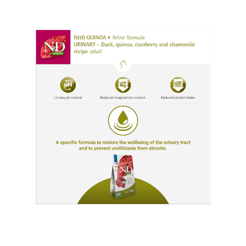 Farmina N&D Quinoa Urinary Cat Food | Grain-Free | Duck, Quinoa, Cranberry & Chamomile | Supports Urinary Health | for Adult Cats | 1.5kg