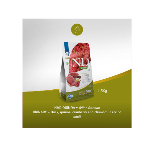 Farmina N&D Quinoa Urinary Cat Food | Grain-Free | Duck, Quinoa, Cranberry & Chamomile | Supports Urinary Health | for Adult Cats | 1.5kg