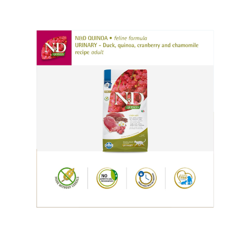 Farmina N&D Quinoa Urinary Cat Food | Grain-Free | Duck, Quinoa, Cranberry & Chamomile | Supports Urinary Health | for Adult Cats | 1.5kg