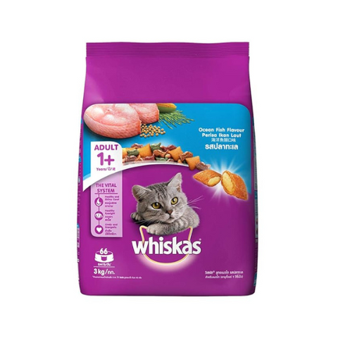 Whiskas Adult (+1 Year) Dry Cat Food, Chicken Flavour, 1.2kg Pack and Adult (+1 Year) Dry Cat Food, Ocean Fish Flavour, 3kg Pack