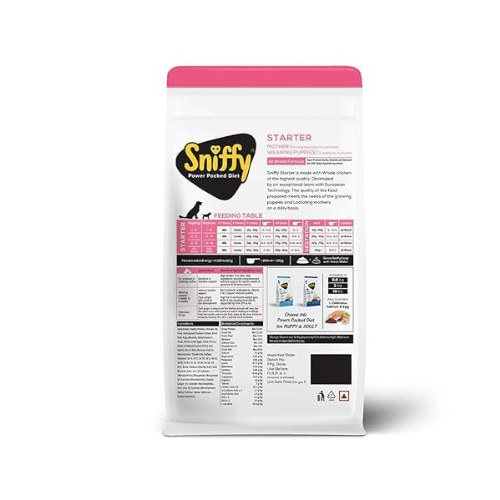 Sniffy Starter Dry Dog Food - 800 gm for Pregnant Mother & Weaning Puppy | Real Chicken & Egg, Power Packed High Protein Diet for All Breeds | Gluten Free Food for Dogs